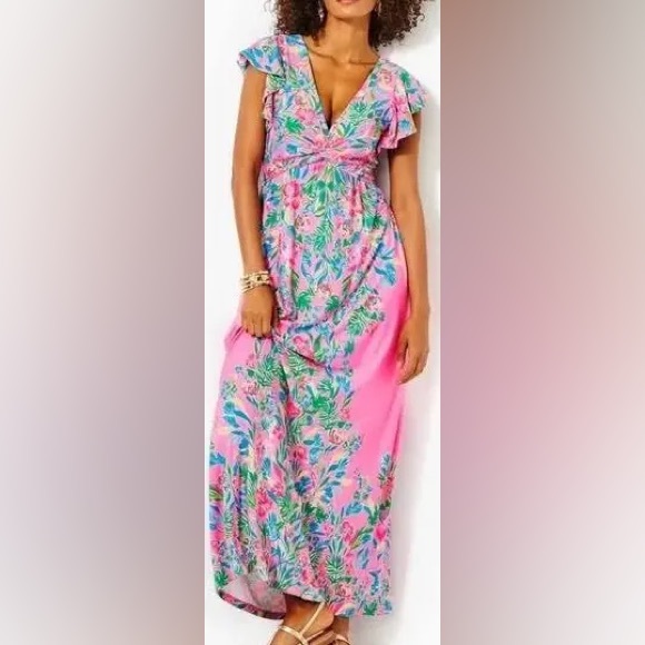 🏝️🦩Lilly Pulitzer NWT Verona Flutter Sleeve Maxi Dress💗Size 14 - Picture 14 of 16